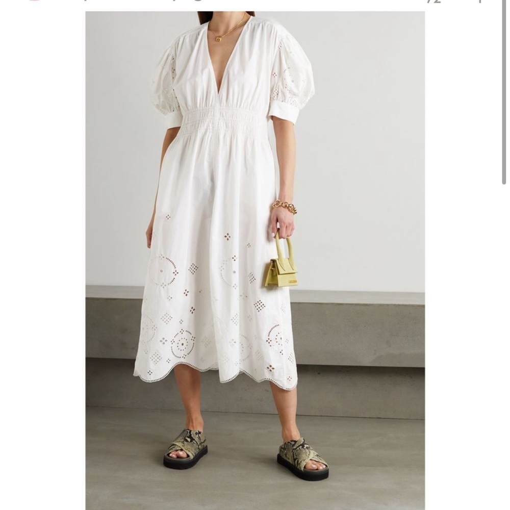 GANNI Women's Broderie Anglaise Organic Cotton White Eyelet‎ Midi Dress- Size 6